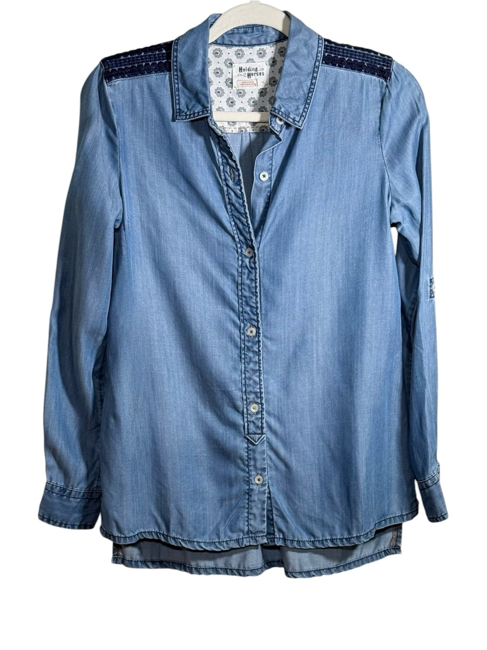 Holding Horses Anthropologie Blue Chambray Shirt Embroidery XS